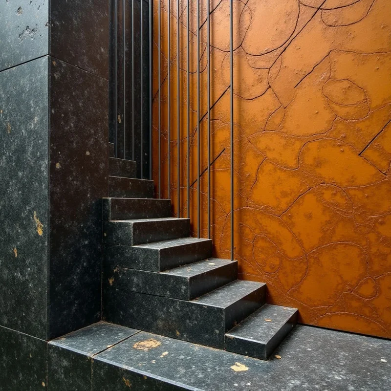 A series of dark, textured stone steps ascends alongside a vertical black railing against a large, burnt-orange wall with a cracked, organic surface pattern. The composition features sharp geometric lines from the stairs and bars contrasting with the irregular, web-like textures of the background. Light falls evenly across the scene, highlighting the matte finish of the stone and the depth of the orange wall.