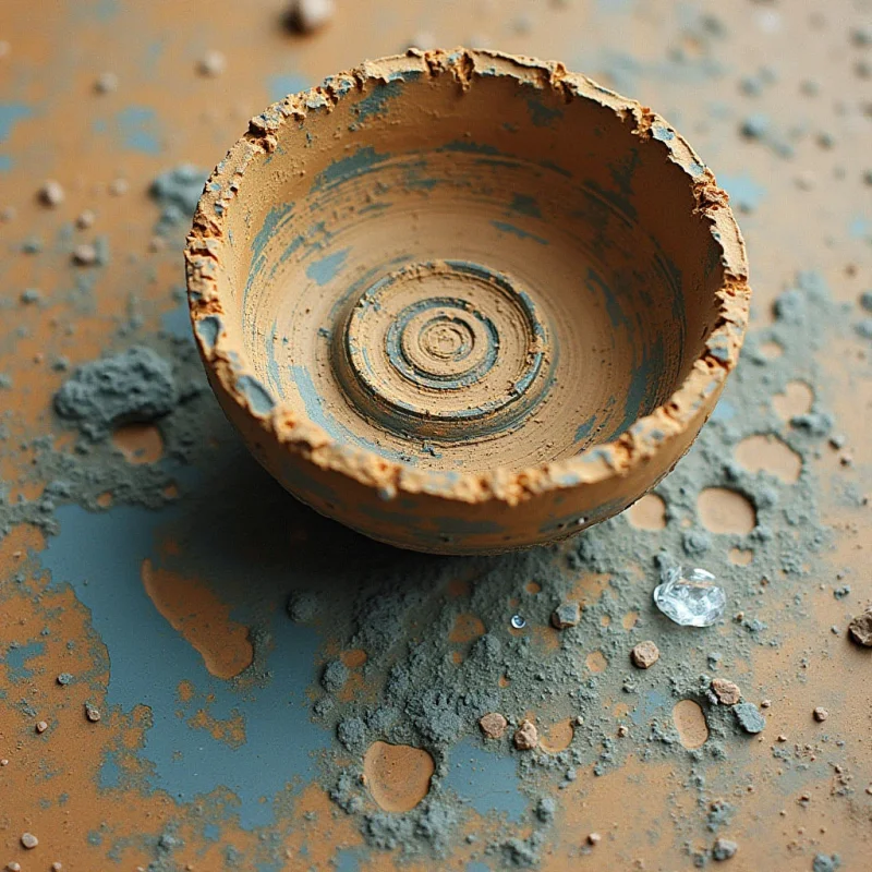 A weathered, earthen bowl with a jagged rim sits amidst patches of dark grey, granular dust on a tan surface. Concentric circular ridges line the interior of the vessel, contrasting with the irregular, gritty textures of the surrounding landscape. Soft light illuminates the scene from above, casting subtle shadows and highlighting small, crystalline fragments scattered near the base.
