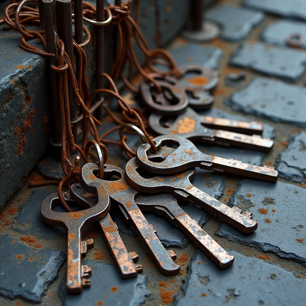 The image features a collection of aged, rusted keys arranged on a dark, uneven stone surface. Predominant colors are deep blues and browns, with variations in rust tones creating textural contrast across the metal and stone. Light appears to originate from above and slightly to the left, highlighting the details of the key shapes while casting shadows that emphasize their three-dimensional form and spatial layering.