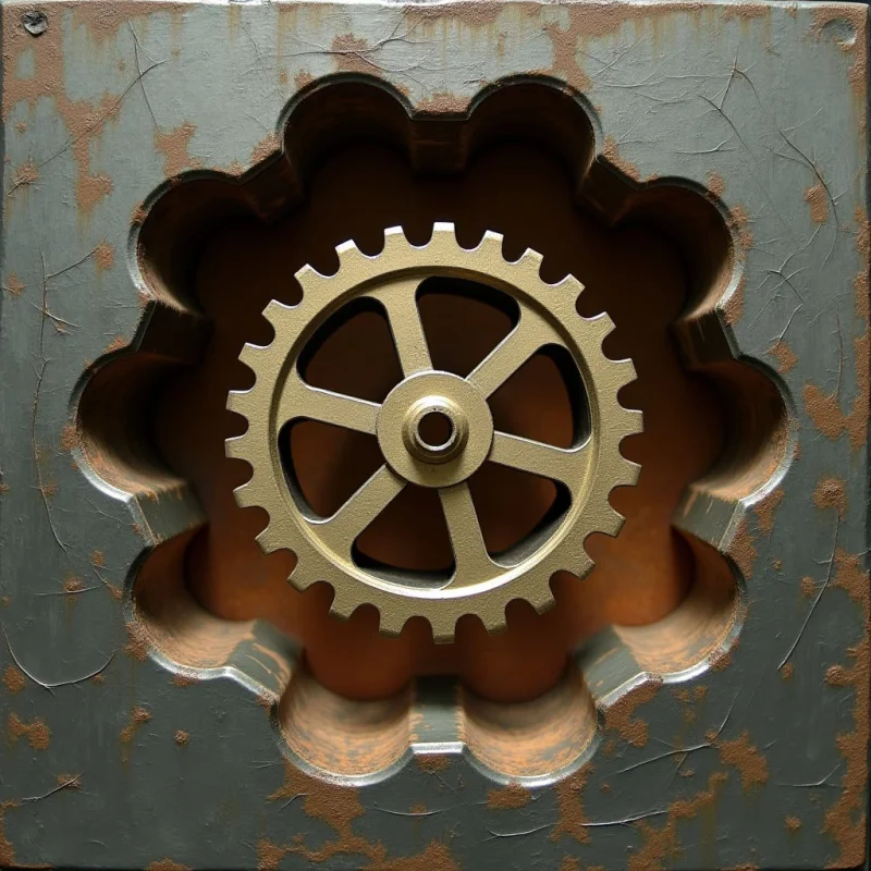 A central metallic gear with multiple spokes is set within a scalloped, flower-shaped recess of a weathered, square metal plate. The composition features a palette of muted grey and earthy rust tones, contrasting the smooth edges of the gear against the cracked, oxidized texture of the surrounding surface. Light enters from above, casting soft shadows within the recessed cavity to create depth between the central gear and the outer frame.