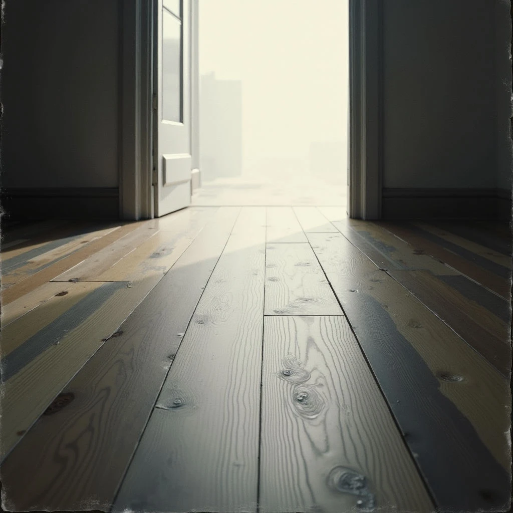 An open doorway reveals a bright, hazy exterior beyond a darkened room. The floor is made of polished wood planks that reflect the light streaming in from outside, creating long shadows. It feels quiet and still, like a moment before something happens.
