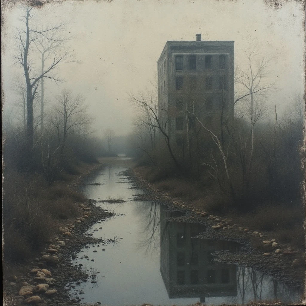 A tall, weathered building stands starkly against a backdrop of dense fog and bare trees. A narrow stream flows in the foreground, perfectly reflecting the structure’s image on its murky surface. The scene evokes a sense of stillness and decay, with muted colors contributing to an overall somber mood.