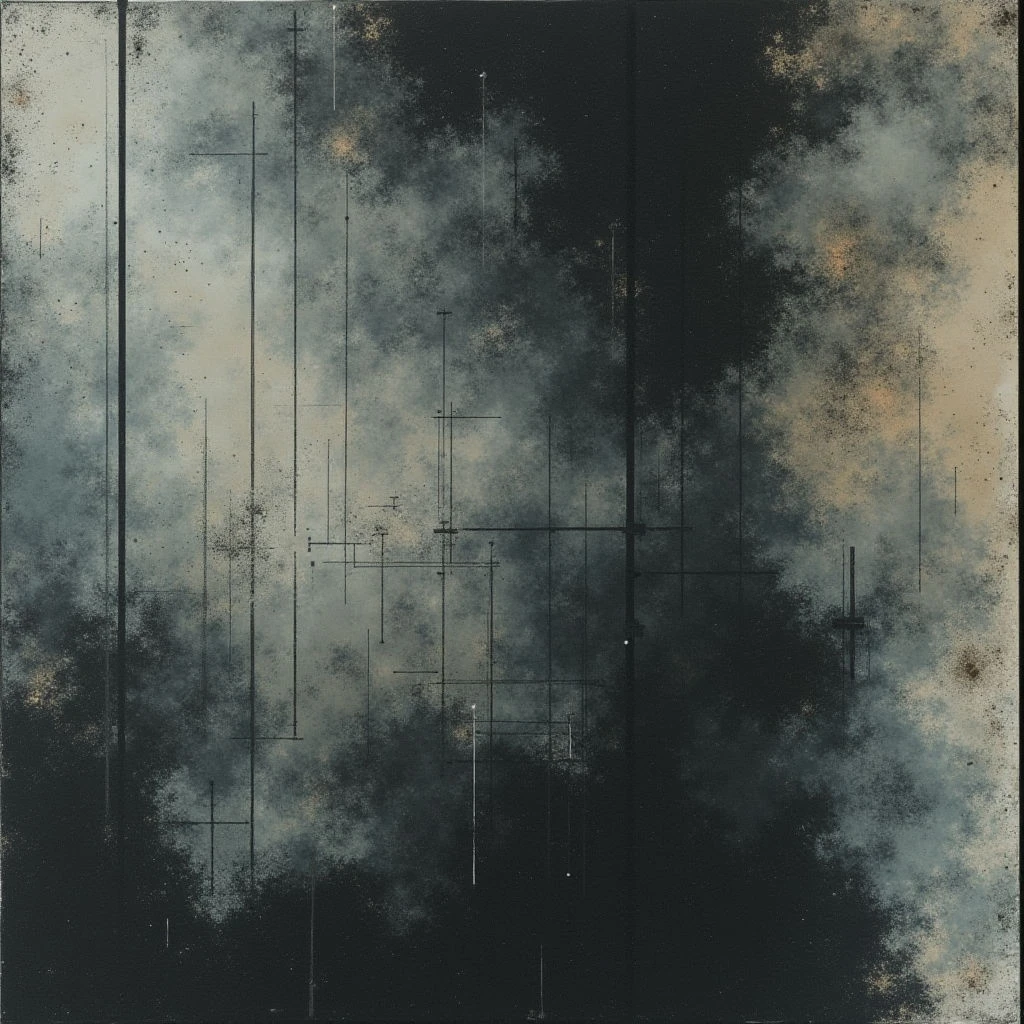 A hazy, muted landscape is overlaid with a grid of thin, dark lines that intersect and extend vertically like abstract structures. Patches of darker shadow contrast sharply with lighter, cloud-like areas, creating a sense of depth and atmospheric perspective. The overall effect is reminiscent of both natural forms and technical diagrams, appearing aged or distressed with subtle speckling throughout the composition.