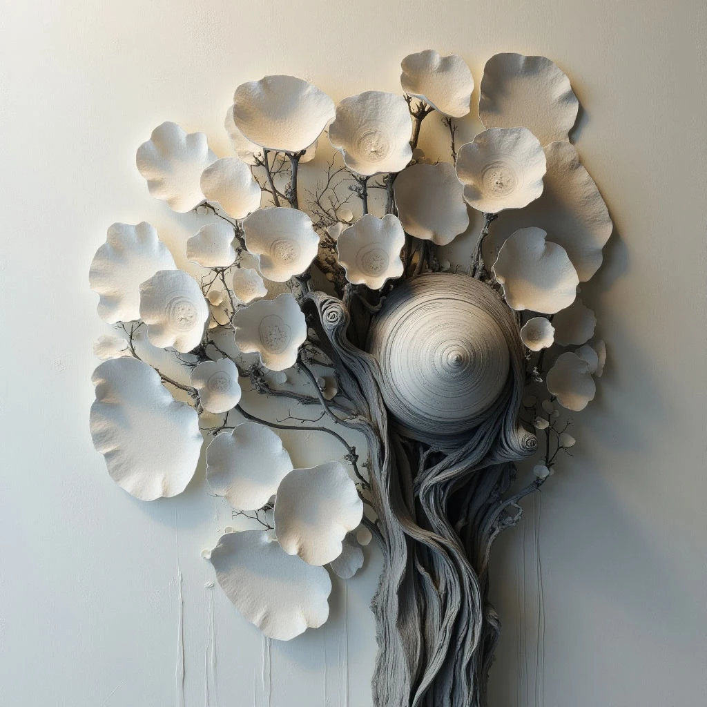A textured, sculptural tree form is mounted on a pale wall, appearing almost like relief art. The tree’s branches are covered in numerous rounded shapes resembling blossoms or seed pods, with a larger spherical element nestled within its core. Subtle shadows highlight the intricate details of the piece and suggest it's made from a matte material like clay or plaster.