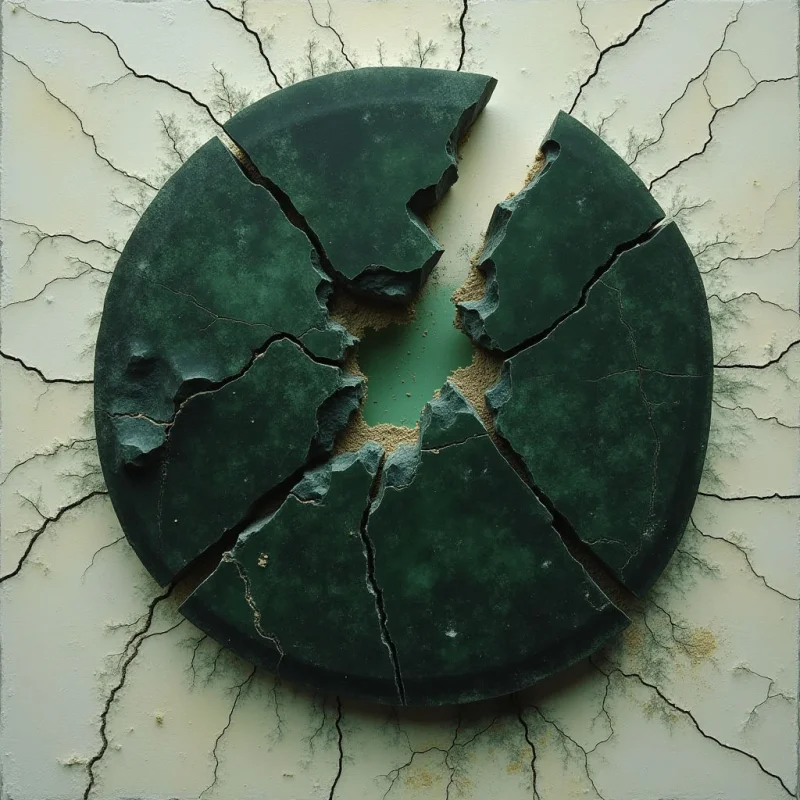 A dark green, circular disc is fractured into several jagged segments, revealing a textured, sandy interior within the central void. The disc rests against a pale, off-white background marked by thin, branching cracks that radiate outward from the center. Light falls evenly across the composition, highlighting the rough edges of the broken pieces and the subtle grain of the surfaces.