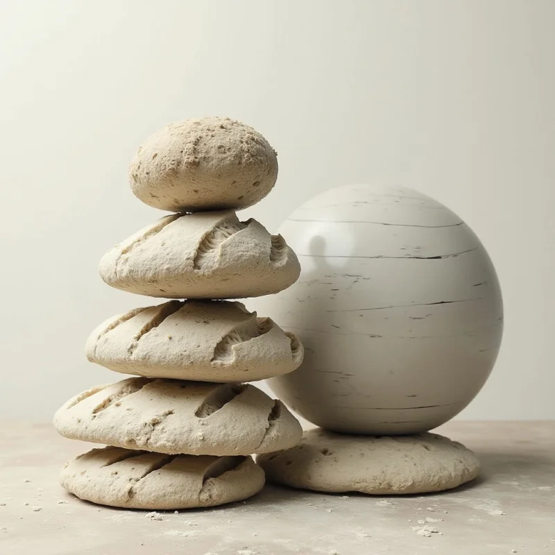 The image features a stack of irregularly shaped bread loaves alongside a large, cracked egg form, all in varying shades of pale beige and cream. The textures range from rough and porous on the bread to smooth but fractured on the eggshell, with visible flour dusting the surface below. Soft, diffused light creates gentle gradients across the forms and minimal shadows, suggesting a close proximity between objects within a limited depth of field.