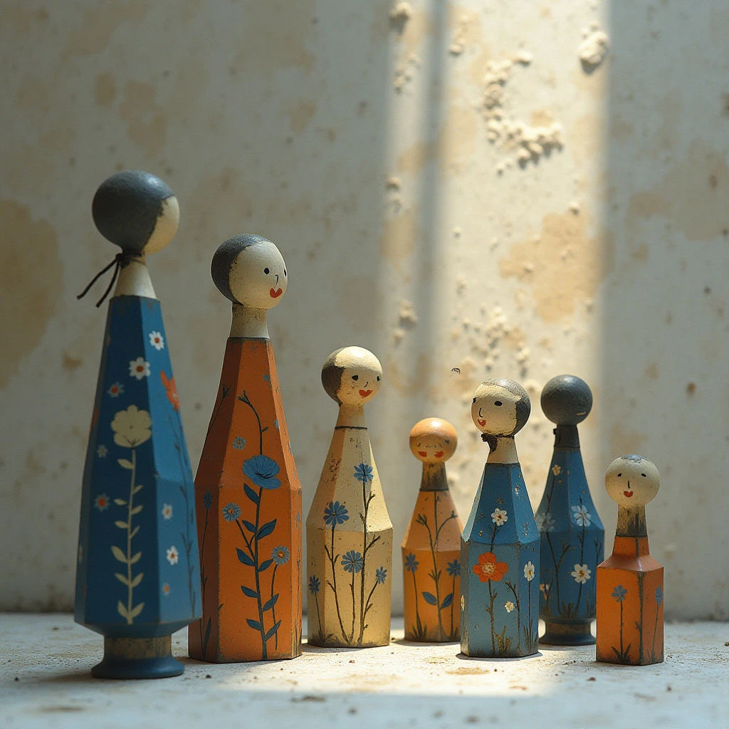 The scene features a row of seven wooden figures arranged on a textured surface against a pale, mottled wall. Each figure is primarily composed of elongated conical shapes with rounded heads and painted details in blues, oranges, and floral patterns, contrasting with the natural wood tone of their faces and necks. Strong directional light casts shadows behind the figures, creating spatial separation and highlighting the rough textures of both the wooden forms and the wall.