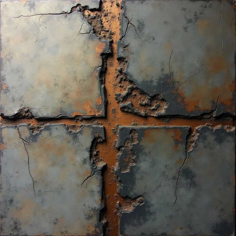 Four square sections of weathered gray material are separated by wide, irregular channels filled with a textured, rust-colored substance. The surfaces feature fine cracks and jagged, crumbling edges that create deep shadows and varying tactile depths. Light falls evenly across the composition, highlighting the contrast between the smooth, matte gray planes and the coarse, granular orange recesses.