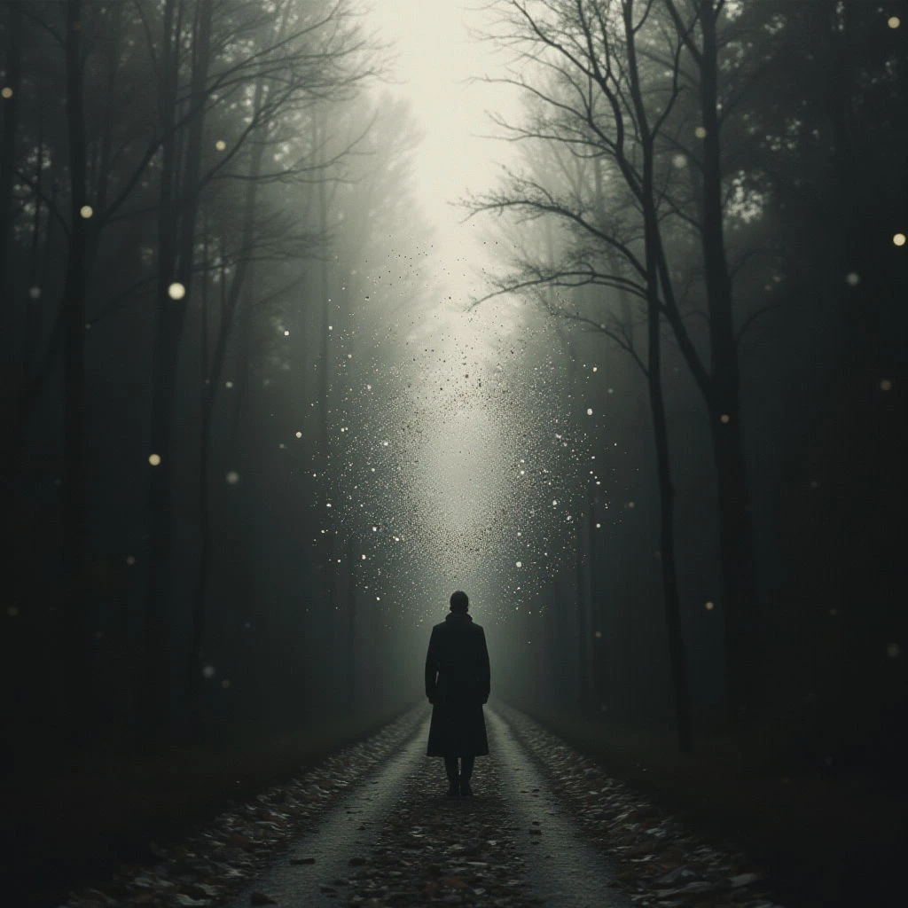 A lone figure stands on a long, winding road that stretches into a dark forest. Light shines down from above, illuminating the person and creating a shower of sparkling particles around them. The surrounding trees are bare and shadowy, adding to the scene's somber and mysterious atmosphere.