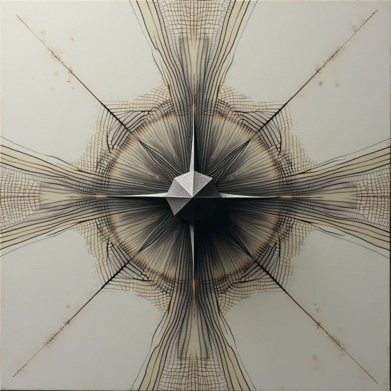 A central dark geometric form radiates outward through fine, linear patterns of black and tan lines against an off-white background. These intersecting lines create a sense of depth, forming radial symmetrical shapes that expand toward the edges of the frame. The composition features high contrast between the deep shadows in the center and the pale, textured surface surrounding it.