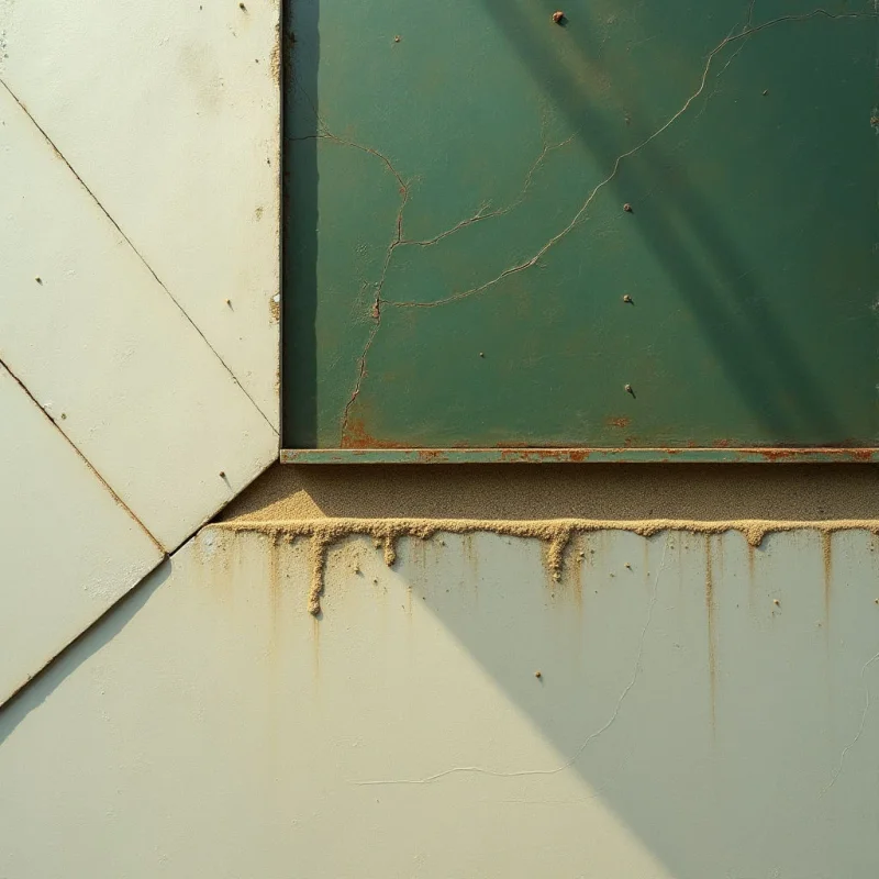 The image features a close-up of intersecting planes in shades of pale green and a darker, muted forest green. Rough textures are visible on the surfaces – cracks in the darker green panel, granular material along a joint, and subtle weathering on the lighter panels – contrasting with smoother areas. Strong directional light casts a shadow across the lower portion, highlighting surface irregularities and creating depth within the composition.