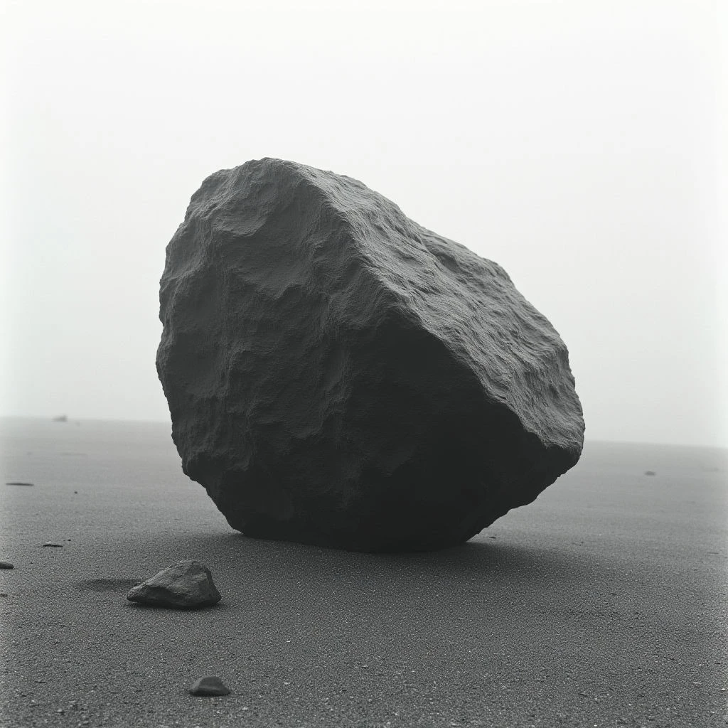 A large, dark rock dominates a flat, sandy beach under a pale, overcast sky. Two smaller stones lie near the base of the larger one, emphasizing its immense size and weight. The scene is stark and minimalist, with a sense of quiet solitude.