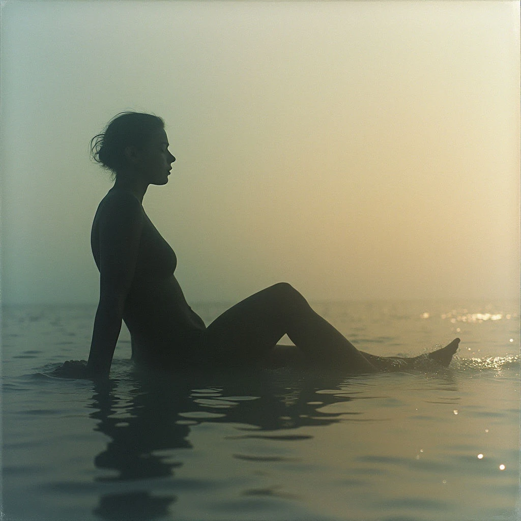 A silhouetted figure sits partially submerged in water, facing towards the right of the frame. The background is a soft, hazy blend of yellow and grey tones, suggesting either sunrise or sunset over a calm body of water. The overall mood is peaceful and contemplative, with the form’s darkness emphasizing solitude.