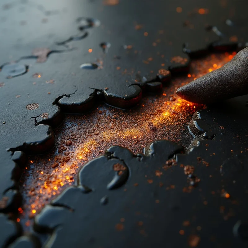 A dark, smooth surface is fractured by a jagged fissure that reveals a textured, glowing orange interior. Tiny specks of amber light are scattered across the matte black expanse, contrasting with the reflective, liquid-like sheen of the cracked edges. The composition follows a diagonal line from the bottom left toward the upper right, creating depth through shifting focus and light.