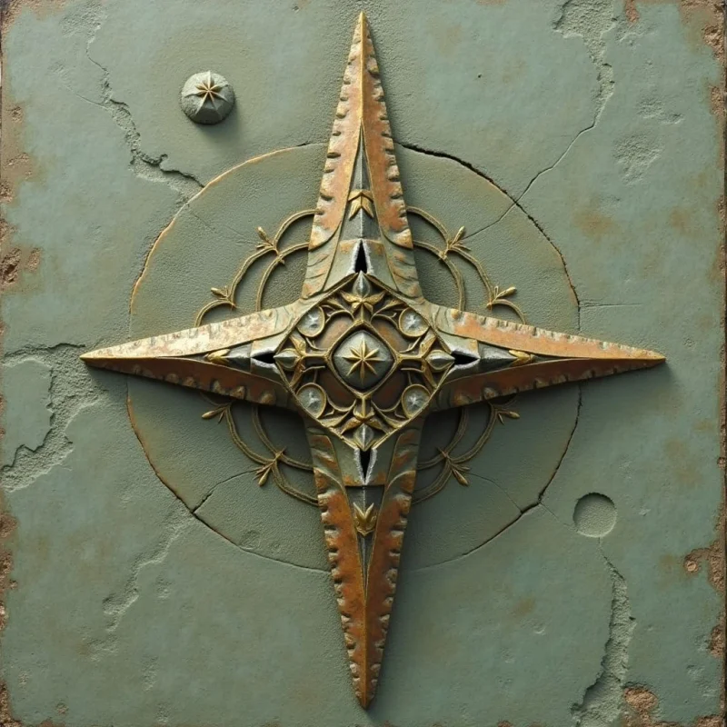 A central, four-pointed star with a metallic bronze texture and intricate geometric carvings sits atop a circular motif on a weathered, sage-green surface. The composition features sharp, angular shapes of the star contrasting against smooth circles and irregular cracks in the background. Soft, directional light casts subtle shadows, emphasizing the raised relief and the aged, matte quality of the materials.