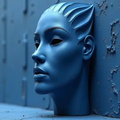 The image is dominated by shades of blue, ranging from a lighter cerulean to deeper indigo tones across the sculpted head and textured wall. The head appears smooth and polished with defined geometric shapes in the hairstyle, contrasting with the rough, crumbling texture of the surrounding surface. Light sources create highlights on the face’s contours and cast shadows that emphasize its three-dimensional form against the flat backdrop, positioning the head slightly forward from the wall.