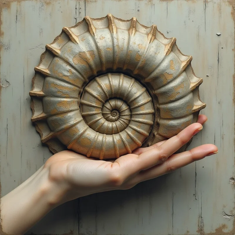 A large, spiraled ammonite fossil with a ribbed, stony texture in shades of beige and weathered grey rests against a vertical wooden background. A pale hand cradles the bottom of the shell, creating a sense of scale between the organic curves of the spiral and the straight lines of the wood grain. Soft, even light illuminates the scene, highlighting the ridges of the fossil and the smooth surface of the skin.