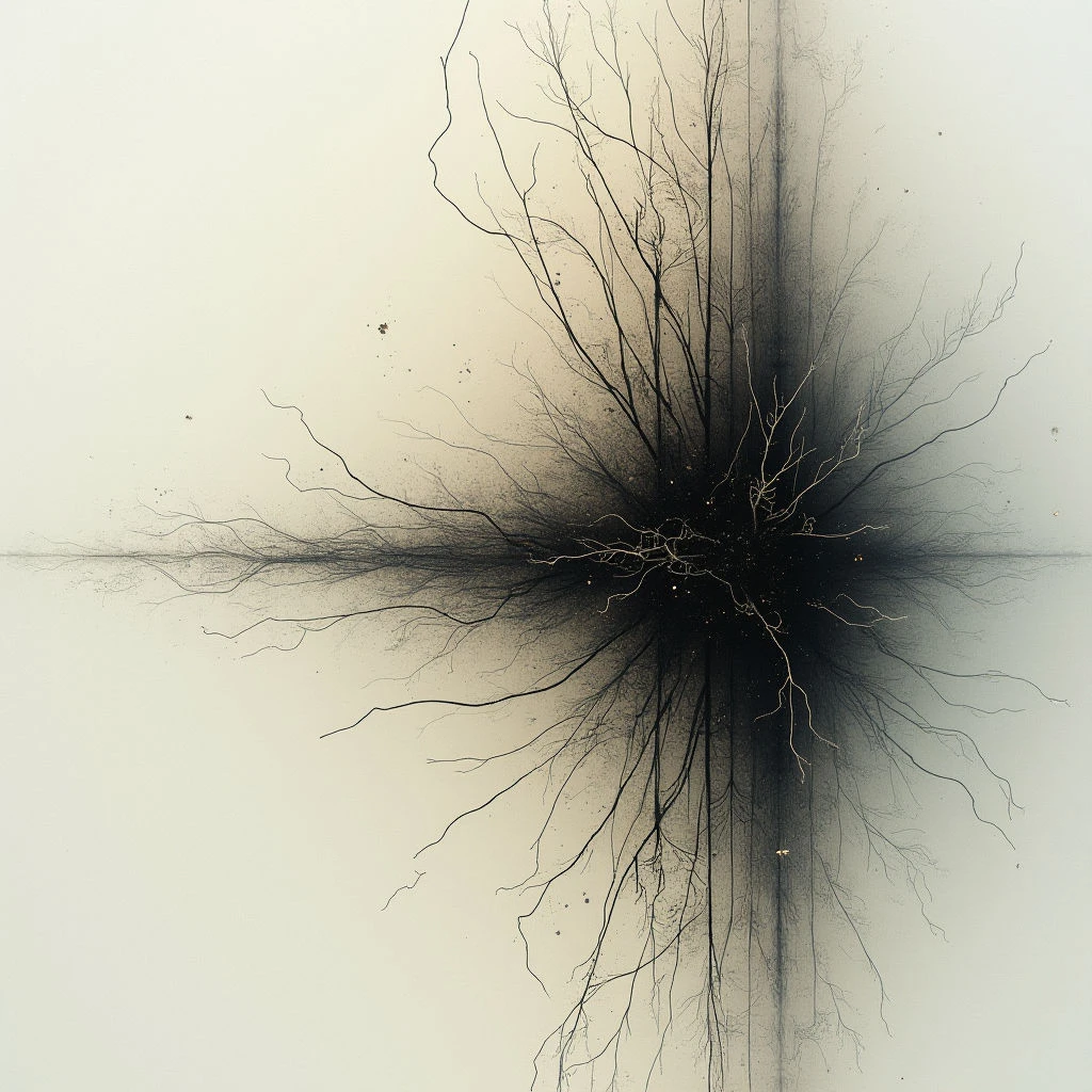 A dark, branching shape explodes from a central point on an off-white background. The form resembles bare tree roots or veins, spreading outwards and mirroring across a subtle vertical line. A hazy gradient surrounds the core, giving the impression of something dispersing or growing.