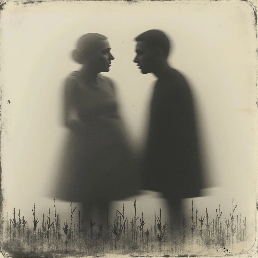 A man and woman stand facing each other, their forms blurred and indistinct like ghosts. They appear to be close together, almost touching, with a hazy connection between them. Tall blades of grass grow at their feet, adding to the ethereal and dreamlike quality of the scene.