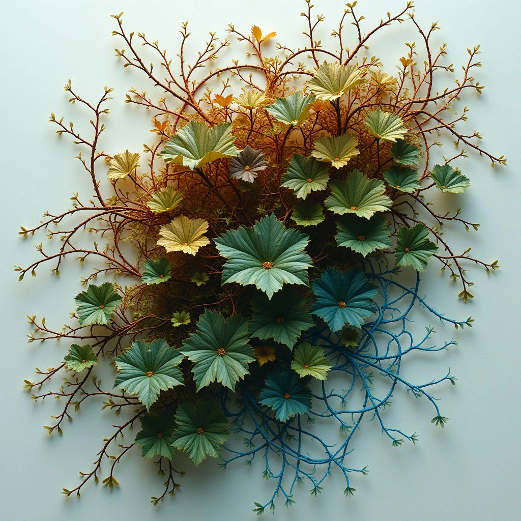 The image features an arrangement of botanical forms in shades of brown, green, yellow, and blue against a pale background. The individual elements appear textured and layered, creating a sense of depth despite the overall flatness of the composition, with overlapping leaf-like shapes and branching structures. Soft, diffused light illuminates the piece evenly, minimizing strong shadows and highlighting subtle variations in color and form.