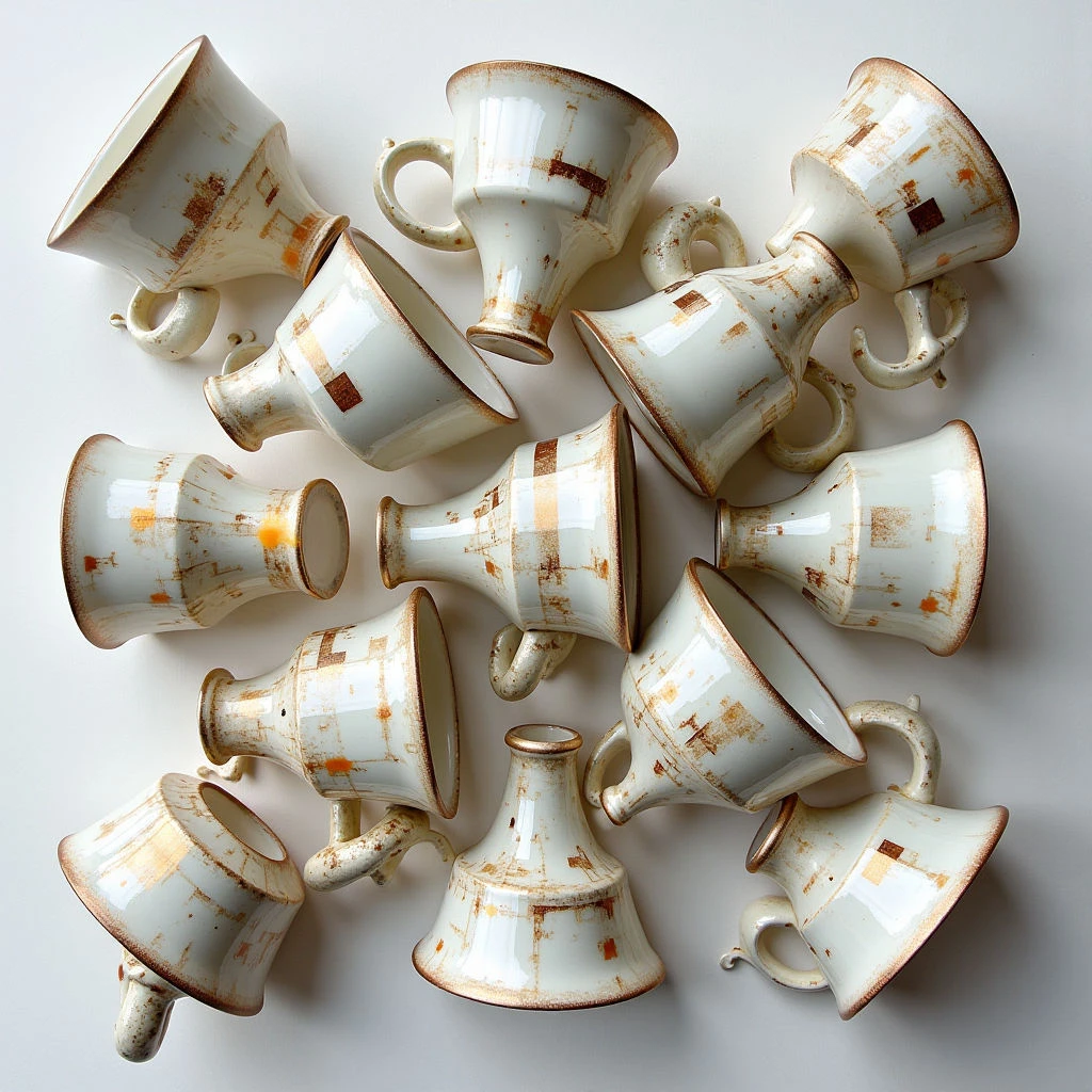 A collection of chipped and stained teacups are arranged upside down on a pale surface, forming a roughly circular pattern. Each cup is white with faded brown stripes and visible wear around the rims and handles. The arrangement suggests a deliberate display despite their broken condition.
