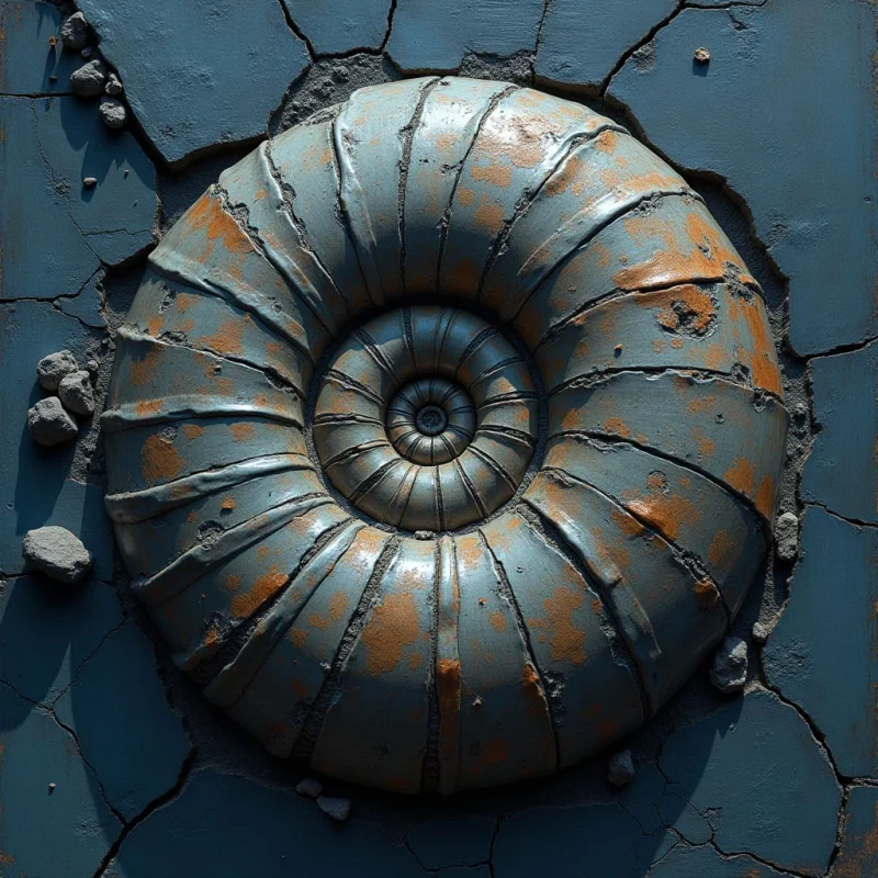 A large, spiraling ammonite shell in muted blue and textured copper tones dominates the center of the frame against a cracked, dark teal background. The composition features radial ridges and deep grooves that create a sense of rhythmic circularity, contrasted by the irregular, jagged lines of the surrounding surface. Strong directional light casts deep shadows within the crevices, emphasizing the three-dimensional relief and rough, weathered textures of both the shell and the stone.