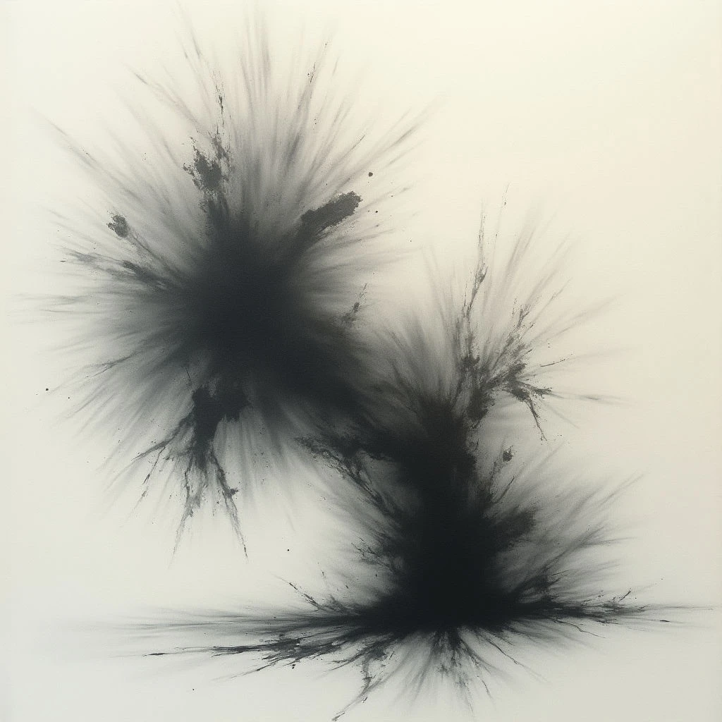 Two dark, irregular bursts of what appears to be ink explode outwards on a white background. The shapes are vaguely floral or cloud-like, with wispy edges and denser cores. A faint horizontal line runs across the lower portion of the image, connected to the bottom burst by a thin trail.