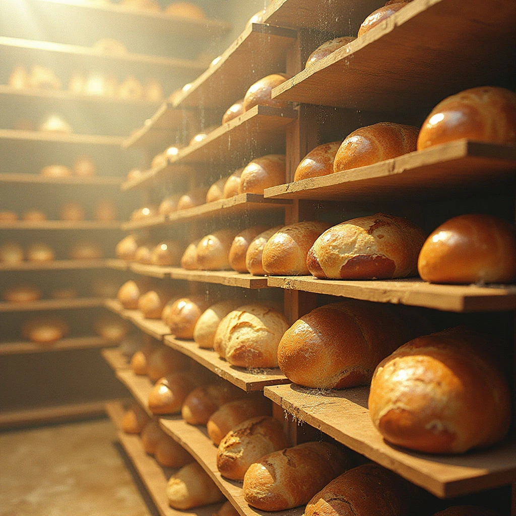 Rows of golden-brown loaves fill wooden shelves, stretching into the warm depths of a bakery. Sunlight streams through the space, highlighting the textured crusts and creating a hazy atmosphere. The sheer quantity suggests a bustling operation dedicated to fresh breadmaking.