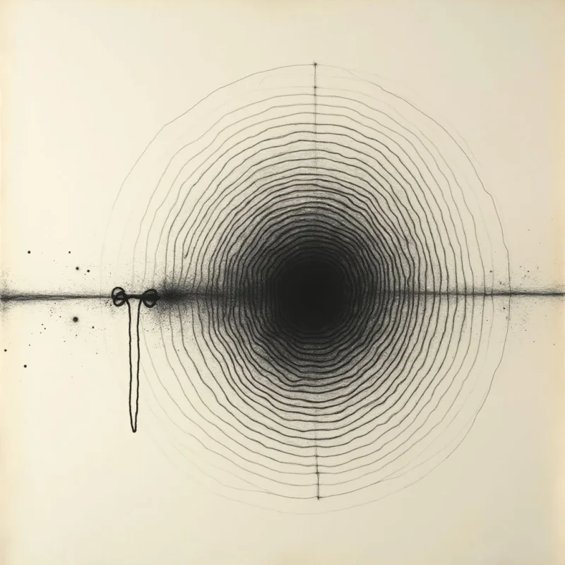 A central dark void is surrounded by concentric, undulating black lines that radiate outward on an off-white background. A horizontal line bisects the composition, intersecting with a cluster of organic, dripping shapes to the left of the center. The visual structure relies on high contrast between the dense black ink and the light space, creating a sense of circular expansion and gravitational pull.