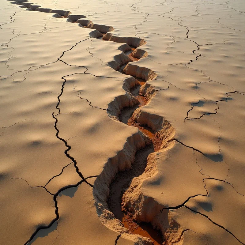 A deep, winding fissure cuts through a vast expanse of tan-colored, cracked earth under soft, directional light. The composition features irregular geometric cracks spreading across the flat surface, contrasting with the smooth, curving walls and dark shadows within the central trench. Warm, earthy tones dominate the scene, highlighting the granular texture of the soil and the sharp depth of the canyon-like void.