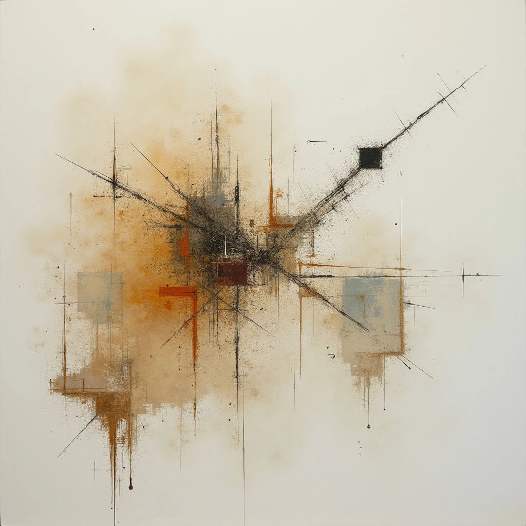 The image features an abstract composition of earthy tones – browns, tans, and grays – against a white background. Jagged lines intersect and radiate from a central, darker cluster of color, creating a sense of dynamic energy and fragmented form. Streaks and drips add to the chaotic yet balanced feel of the piece, with small rectangular shapes scattered throughout.