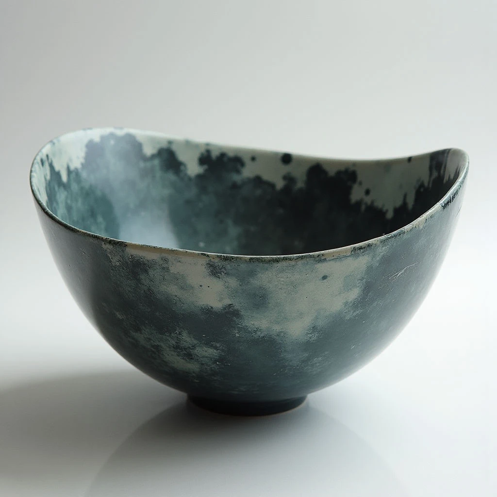 A wide, shallow bowl sits against a neutral background. The bowl is glazed in shades of teal and gray with darker blotches concentrated near the rim and base. Its surface appears textured and uneven, suggesting handmade craftsmanship.