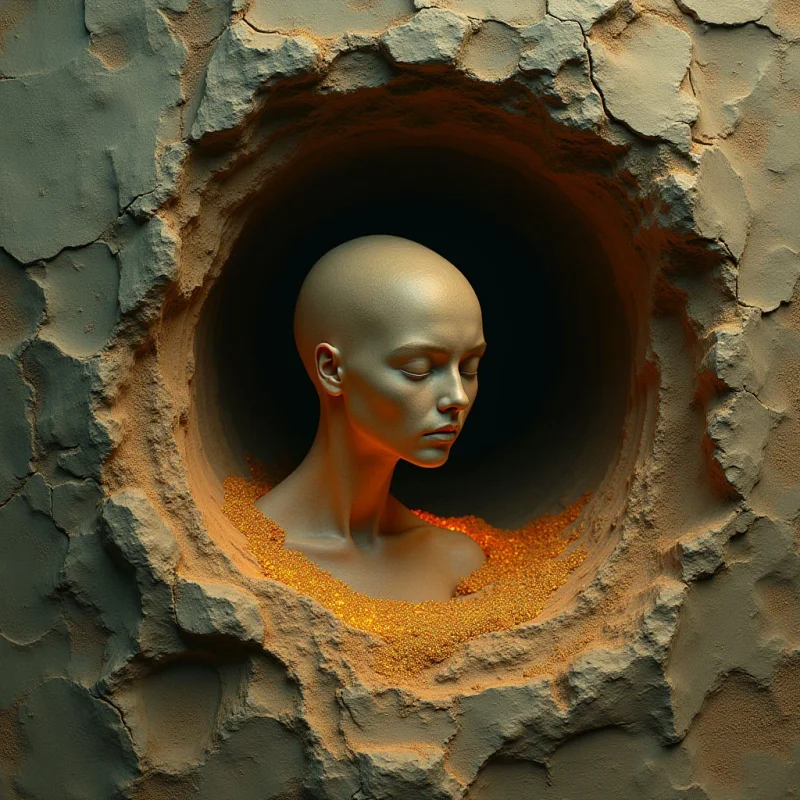 A smooth, pale humanoid bust emerges from a dark, circular void within a rugged, cracked stone surface. Warm, golden granular textures cluster around the figure's base, contrasting with the matte, earthen tones of the surrounding rock. The lighting casts soft shadows across the figure's features while highlighting the coarse, irregular crevices of the outer frame.