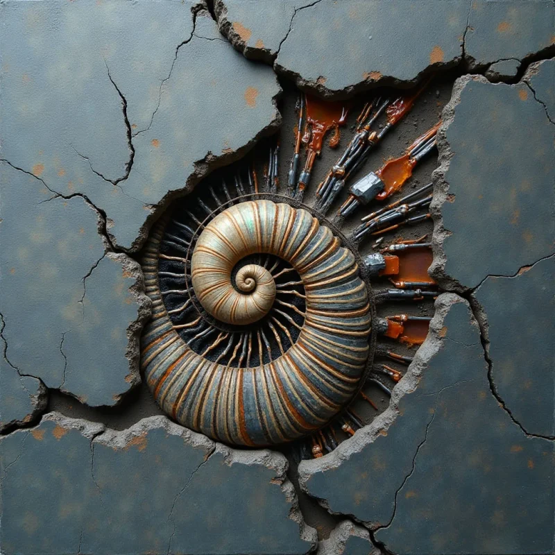 A spiral ammonite fossil with ribbed, metallic textures in shades of bronze and slate is revealed through a jagged fracture in a matte, dark gray stone surface. The composition centers on the circular form of the shell, which creates a sense of depth as it emerges from beneath the cracked, earthy layers. Warm orange accents appear within the crevices surrounding the spiral, contrasting with the cool, desaturated tones of the stony background.