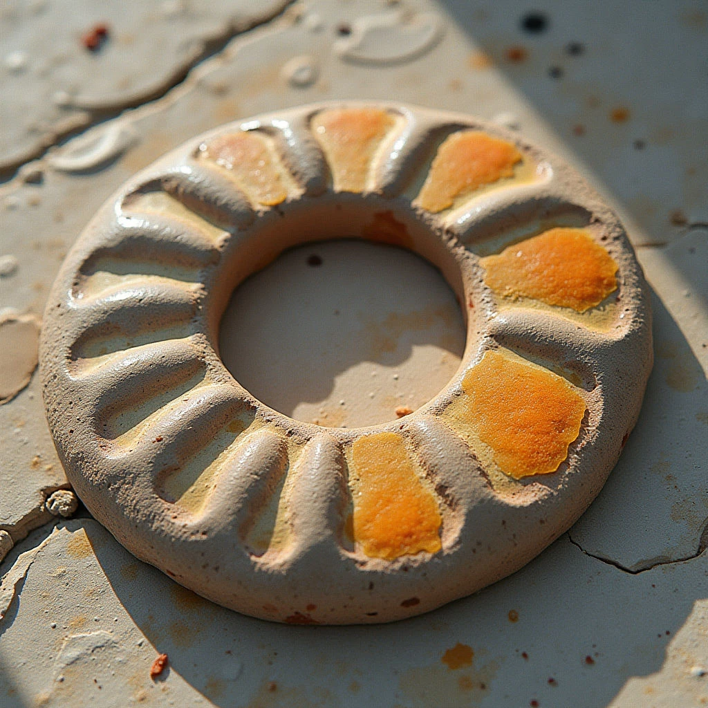 The image features a circular object with a rough, textured surface in shades of beige and ochre, set against a similarly colored but more cracked and uneven background. Scattered patches of bright orange punctuate the ring’s exterior and are also present on the surrounding plane. Strong directional light creates distinct shadows within the grooves of the ring and emphasizes the irregularities of both forms, suggesting a close proximity between them.