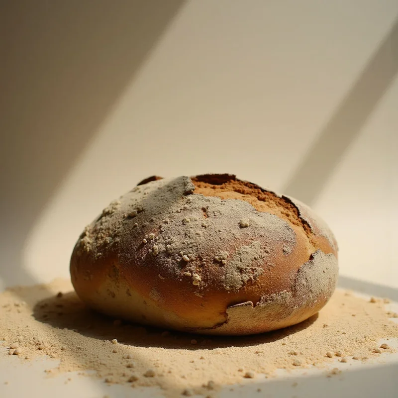 The image features a round loaf of bread with a rough, cracked texture dusted in flour, set against a pale beige background. Warm brown tones dominate the bread’s surface, contrasted by lighter areas where it has been broken open and scattered flour particles. Strong directional light creates defined shadows that fall across the background and emphasize the rounded form of the loaf, suggesting depth and proximity to a nearby surface.