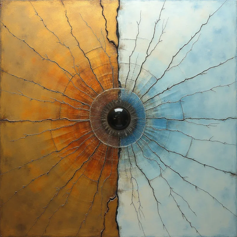 The image is divided vertically into two distinct color fields – a warm golden-brown on the left and a cool pale blue on the right—both radiating outward from a central point. A textured network of thin, branching lines extends across both halves, appearing almost like cracks or veins, with a raised circular element at the composition’s core containing a dark, glossy sphere. Light appears diffused within each field, creating subtle gradients and highlighting the tactile quality of the surface textures.