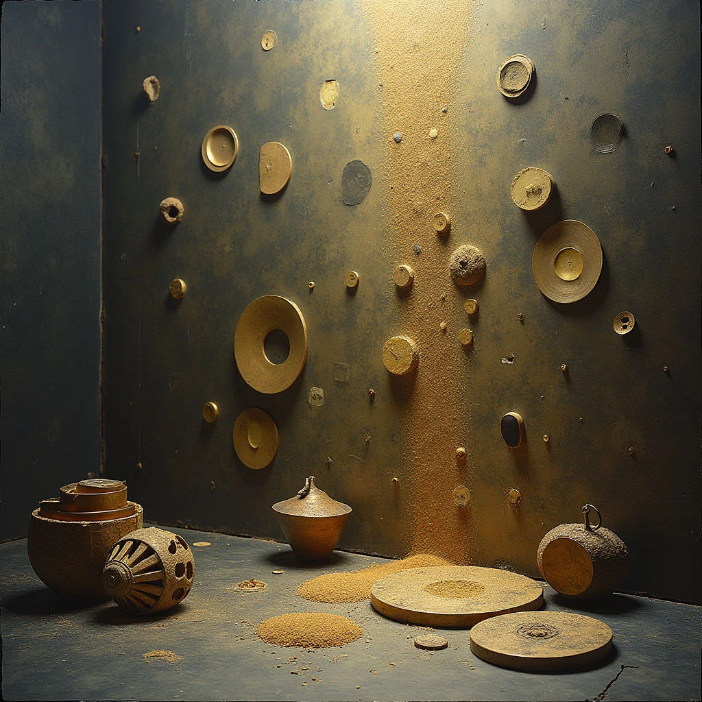 The image presents a darkened corner space with walls covered in a textured golden material from which various circular and rounded forms protrude. A collection of earthen vessels and disk shapes are scattered across the floor, accompanied by piles of granular substance, creating a sense of decay or fragmentation. Light appears to originate from above and slightly behind, highlighting the textures and casting soft shadows throughout the scene.