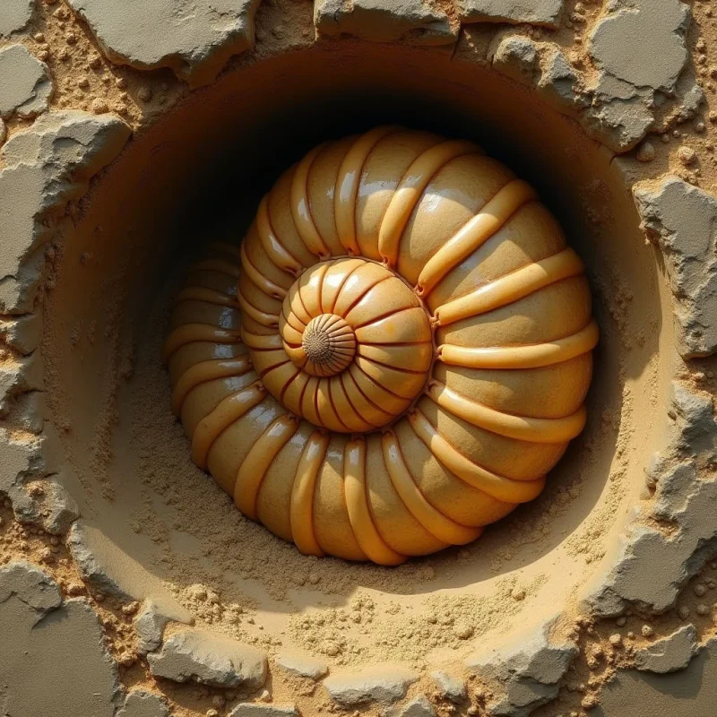 A large, glossy, tan-colored spiral shell with deep ridges is nestled within a circular, crater-like opening of rough, sandy brown rock. The smooth, reflective surface of the segmented shell contrasts with the coarse, granular texture of the surrounding earth. Bright light illuminates the top of the spiral, casting soft shadows into the recessed hollow and emphasizing the depth between the shell and its stony enclosure.