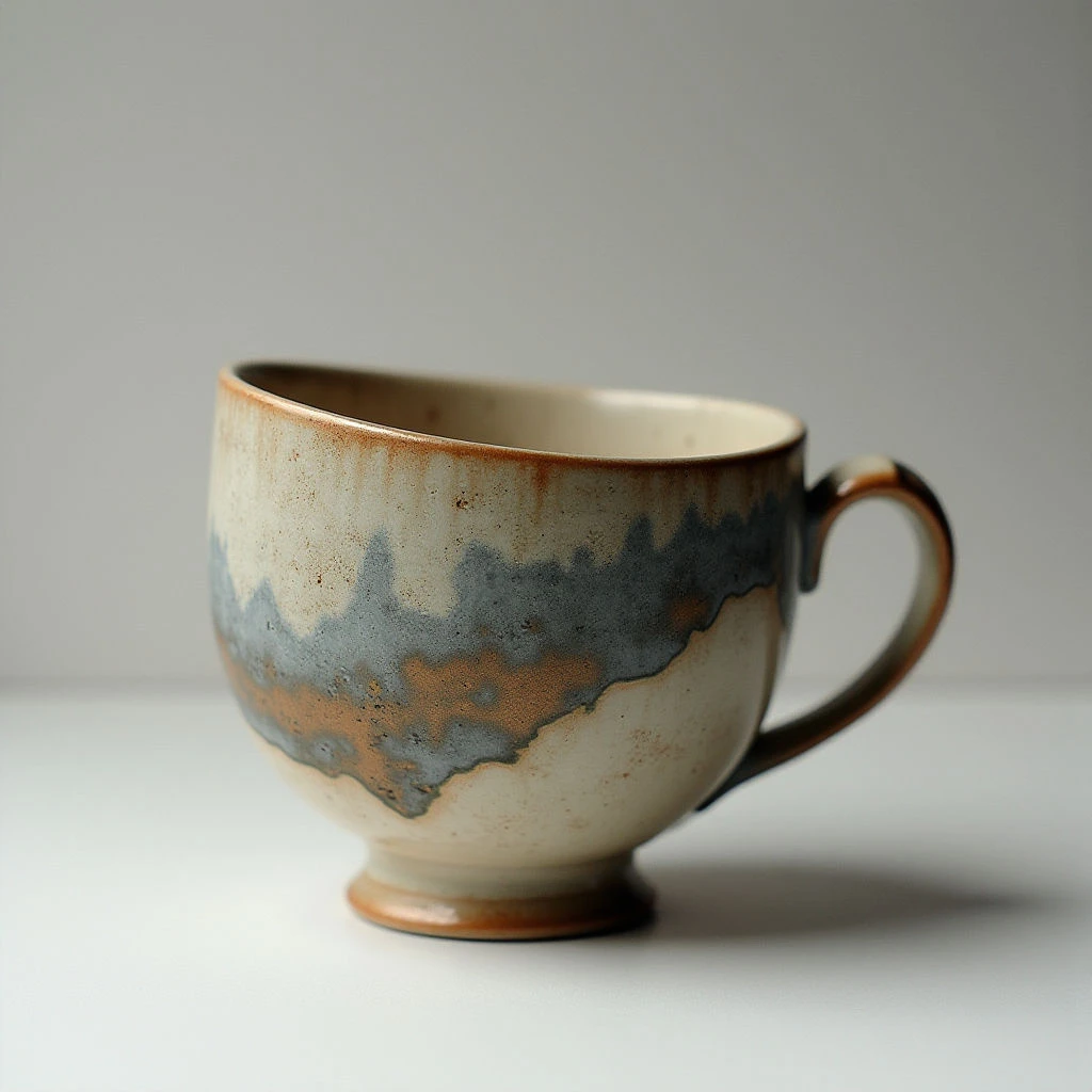 The image features a ceramic cup with a predominantly beige and brown color scheme, accented by areas of gray. The texture appears slightly rough and uneven across the surface, particularly around the base and where colors blend. Soft, diffused light illuminates the cup from the front left, creating subtle shadows and highlighting its rounded form against a neutral gray background; it sits alone on a flat plane with no other visible elements.