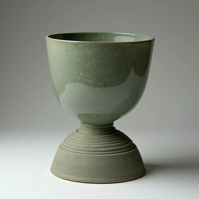 A sage green ceramic vessel features a smooth, speckled upper bowl and a textured base with horizontal ridges. The object is centered against a neutral gray background, illuminated by soft light that creates gentle highlights on its surface and a subtle shadow below.