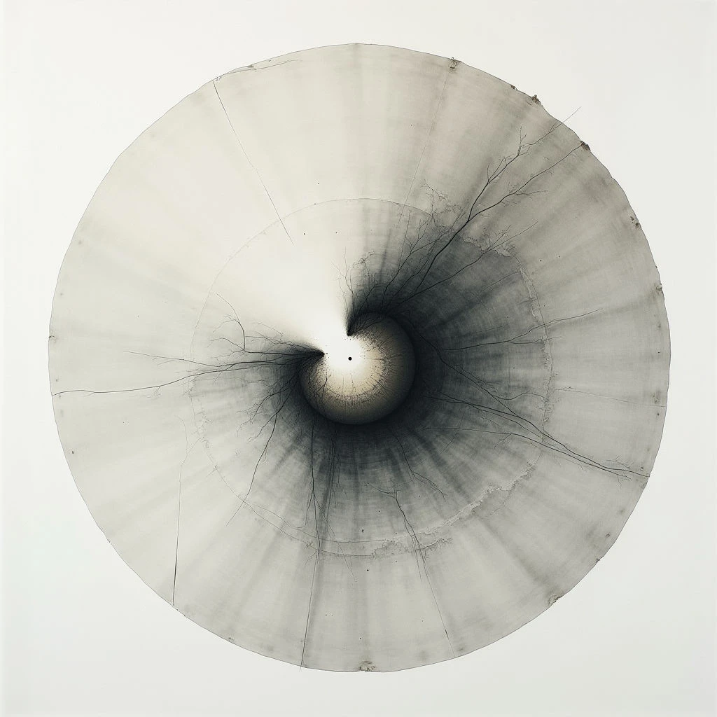 A dark, swirling vortex dominates the center of a pale background, radiating outwards into concentric circles and lines. The image appears to be a top-down view into a deep, expanding space with delicate, branching patterns visible within the shadowy depths. It evokes a sense of both depth and fragility, like looking down a drain or into a cosmic event.