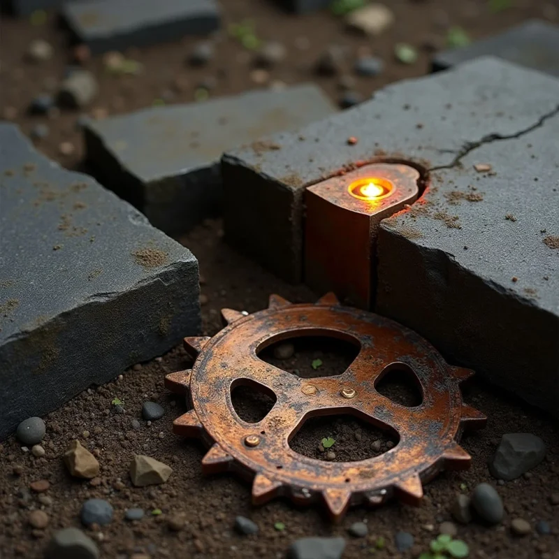 A glowing orange light emanates from a crevice between heavy, dark grey stone slabs. A rusted, copper-toned gear with jagged teeth rests on the coarse, brown earth in the foreground. The composition features sharp geometric edges of the stones contrasted against the circular form of the metal wheel amidst a gritty, textured landscape.