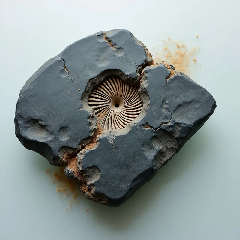 A dark charcoal, irregularly shaped stone features a deep central cavity with fine, radiating ridges that spiral toward the center. The surface is matte and rugged, marked by cracks and pitted depressions, while fine brown granular particles scatter around its edges. Soft, even light illuminates the object against a pale, neutral background, emphasizing the contrast between the smooth recesses and the coarse outer texture.