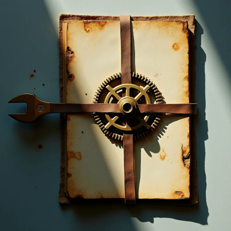 An aged, cream-colored parchment with jagged, burnt edges is secured by two dark brown leather straps arranged in a cross pattern. A bronze-toned gear and a matching wrench are positioned at the intersection of the straps, creating a central focal point against the textured paper. Strong directional light from the upper left casts deep, sharp shadows across the composition, emphasizing the relief of the metallic objects and the uneven surface of the book.