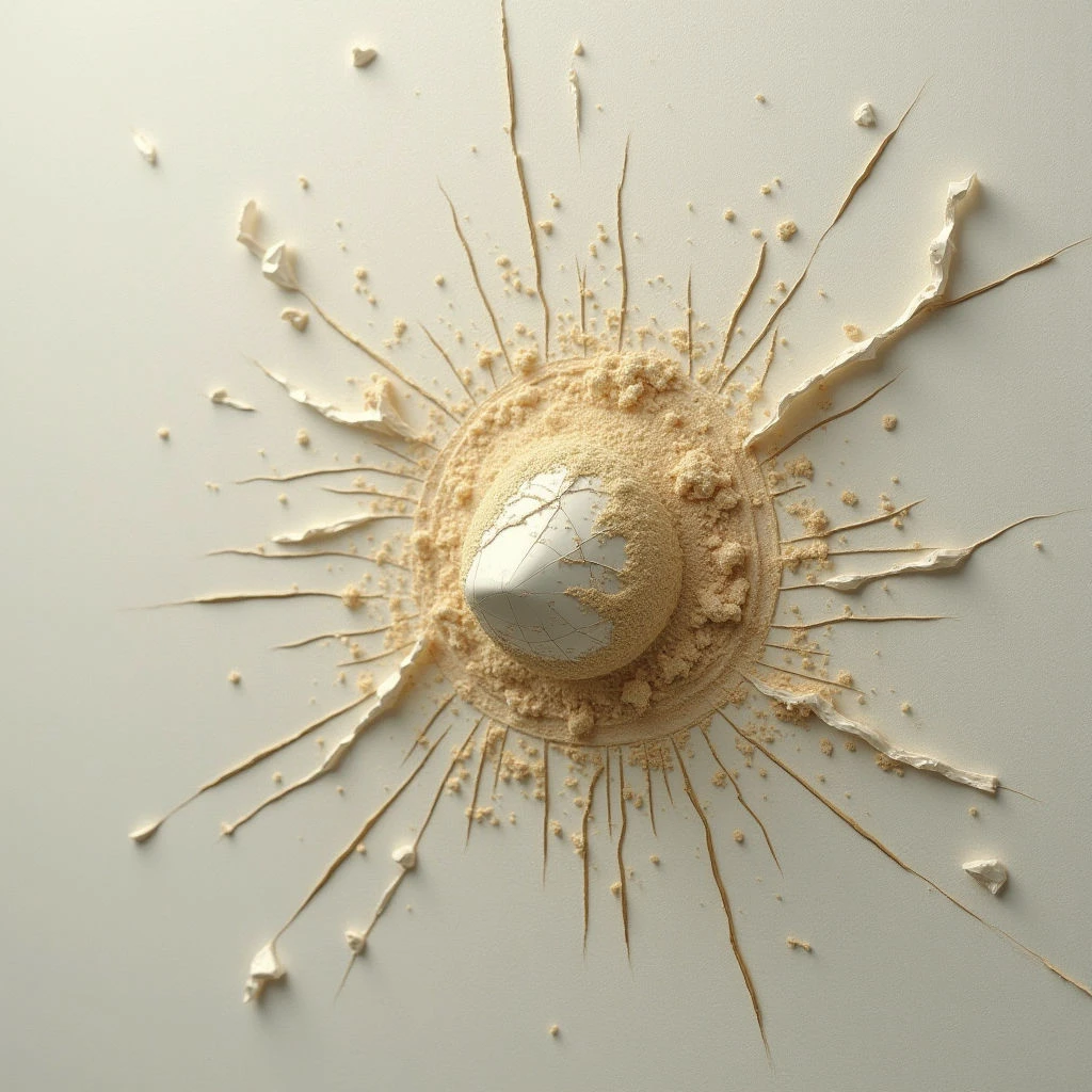 The image features a central pale spherical object surrounded by a burst of tan powder and fragmented shards. The color palette is largely monochromatic, varying in shades of off-white and beige with smooth gradients on the sphere and a rough texture to the surrounding debris. Light appears diffuse and even, casting minimal shadows and emphasizing the spatial arrangement of elements radiating outwards from the center point.