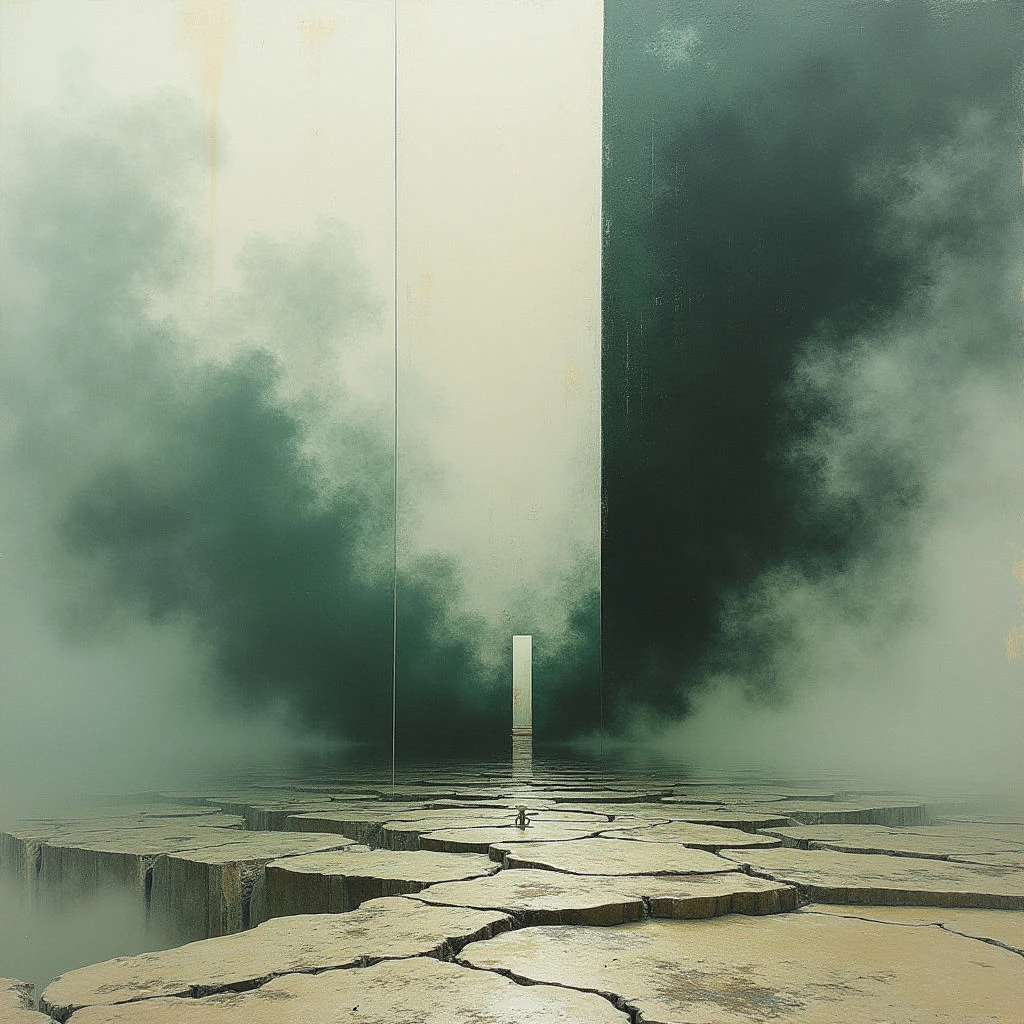 The image features a predominantly muted color palette of beige, olive green, and gray tones. A cracked, tessellated ground plane extends towards a central vanishing point framed by two vertical monolithic shapes—one light and one dark—both partially obscured by swirling mist or smoke. Light appears diffuse and even, creating soft shadows and minimal contrast across the scene’s expansive spatial depth.