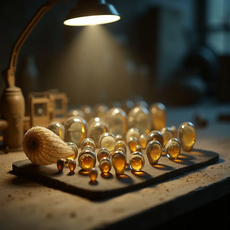 Warm tones of amber and gold dominate the scene, cast by a single overhead light source that creates strong highlights and shadows across numerous spherical objects. These spheres rest on a textured, dark brown surface alongside a rough-skinned gourd, contrasting smooth reflections with organic irregularities. The composition is shallow in depth of field, focusing attention on the foreground arrangement while blurring background elements into indistinct shapes.