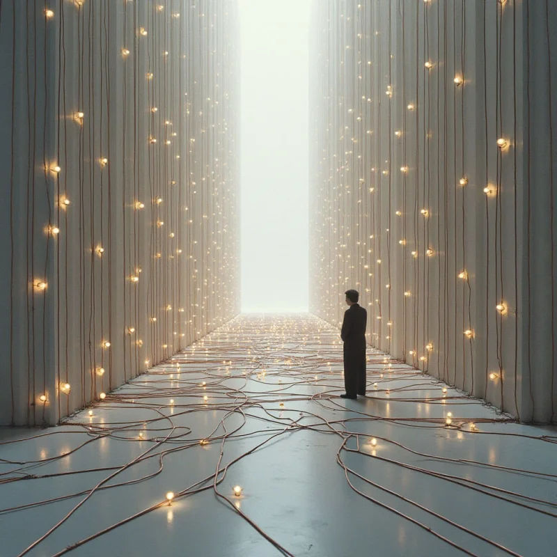 A narrow corridor is defined by tall, vertical walls of pale grey texture, lined with thin, descending wires and small, glowing amber lights. A solitary dark silhouette stands in the middle ground, facing a bright, washed-out white light that fills the distant center of the space. Tangled, reddish-brown lines sprawl across the smooth, reflective floor, creating a web-like pattern that leads toward the vanishing point.