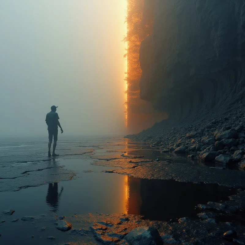 The image features a warm orange glow illuminating one side of a dark, rocky coastline while the opposite side is shrouded in cool gray fog. The textures range from smooth, reflective wet sand and water to rough, layered rock formations on the cliff face. A silhouetted figure stands small in the foreground, positioned near the center with their reflection visible in the shallow water, creating a sense of depth between them and the imposing verticality of the cliffs.